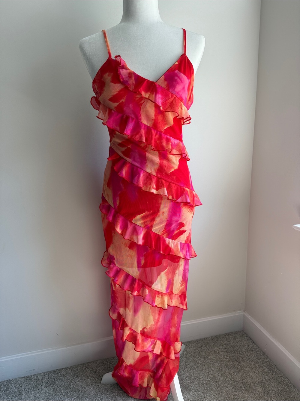 Y2K Spiral Ruffle Maxi Backless Strappy Dress in Fuchsia Pink and Coral